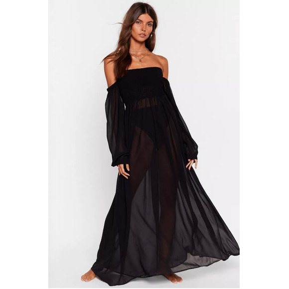 Nasty Gal Dresses & Skirts - NASTY GAL "Sheer At The Beach" Cover-Up Black Maxi Dress Off Shoudler Women's 4